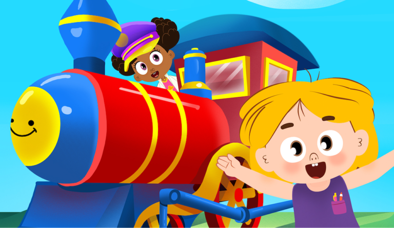 Cartoon kids riding a colorful toy train and smiling happily in a bright cheerful scene for a kids emotion song