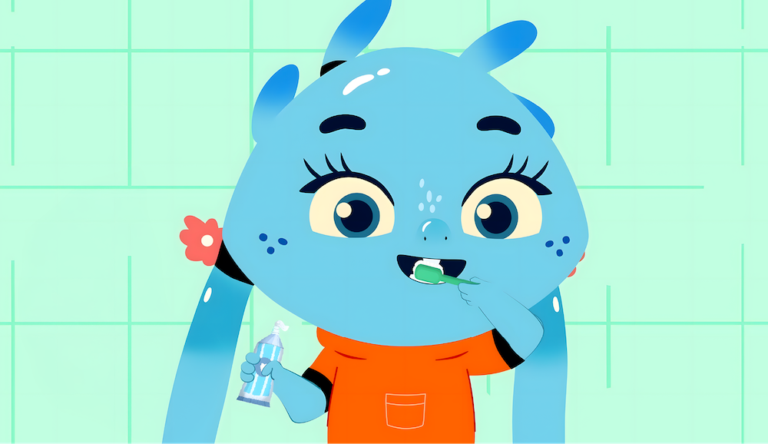 Animated blue cartoon character teaching personal hygiene in a fun kids learning song