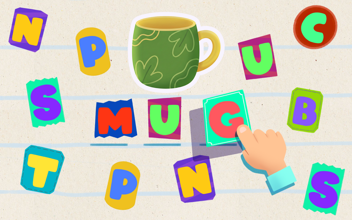 CVC word builder game showing kids arranging letters to form a simple word like sun