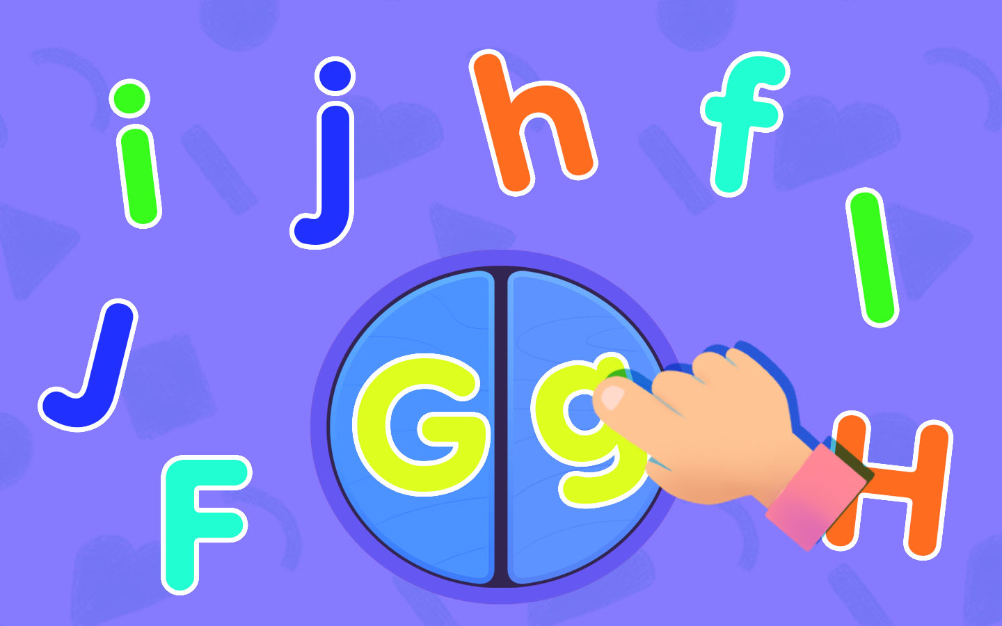Colorful uppercase and lowercase letters scattered on a bright yellow-green background in a free alphabet matching and phonics game for kids