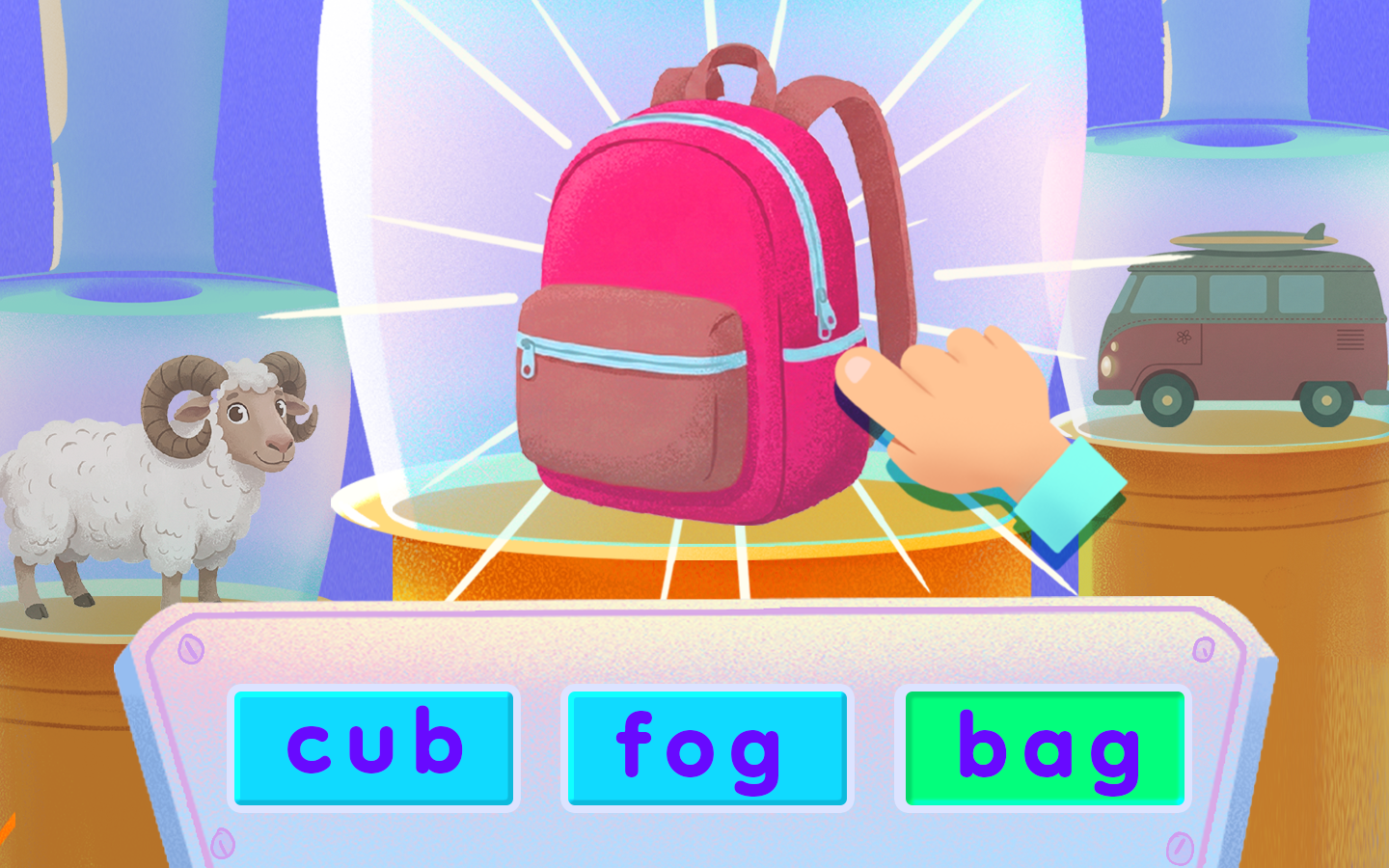 CVC word matching game showing kids matching pictures like bat and grapes to correct words