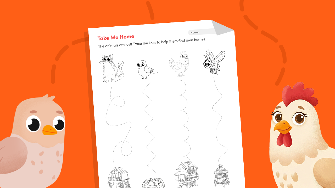 Animal trails tracing worksheet for preschool showing dotted paths from animals to their homes