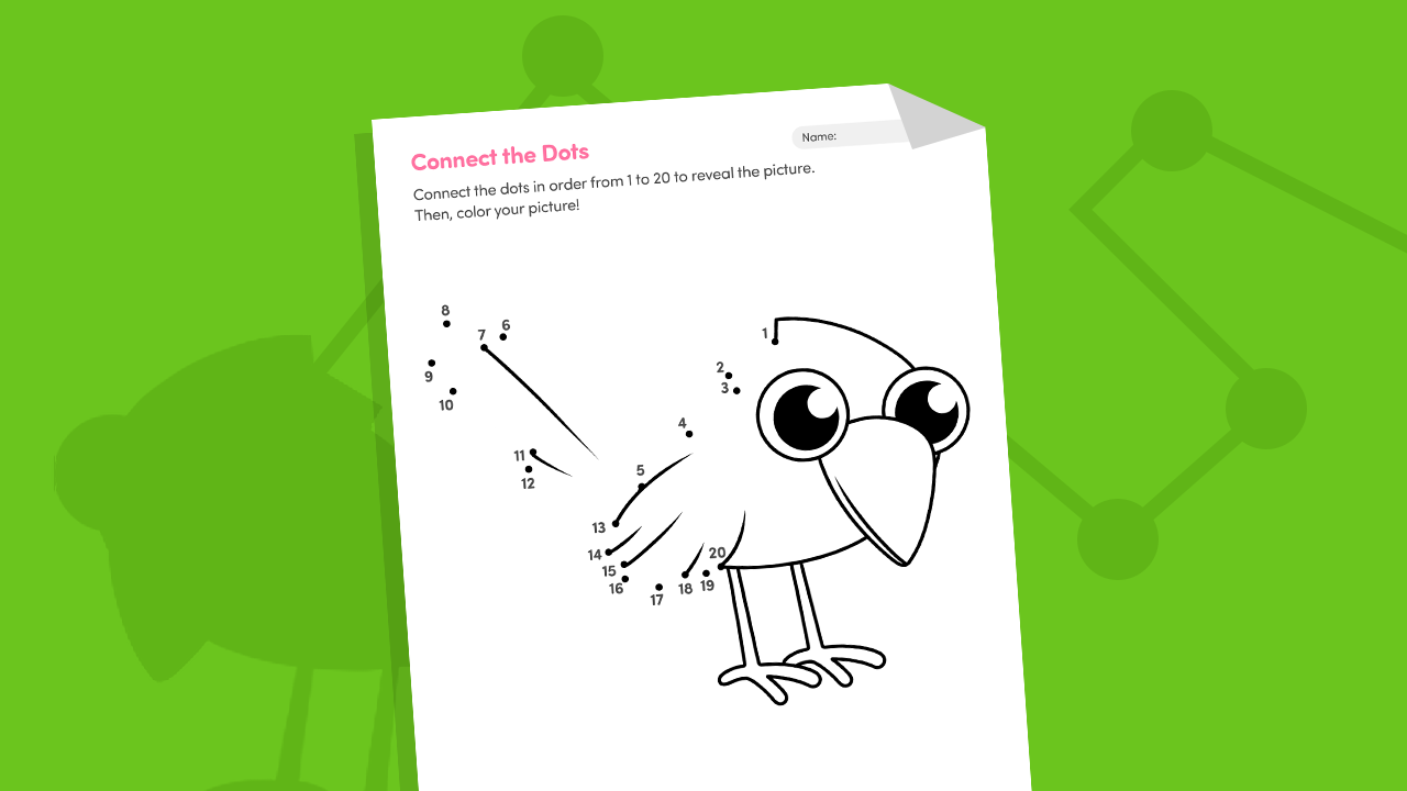 Connect the dots 1 to 20 printable worksheet for kindergarten, reveals a cartoon bird