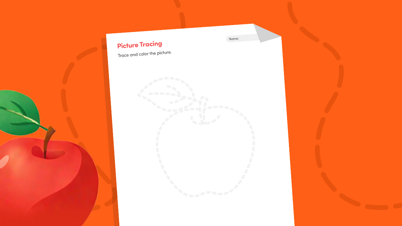 Picture tracing worksheet for preschool showing a large dotted apple outline for kids to trace and color