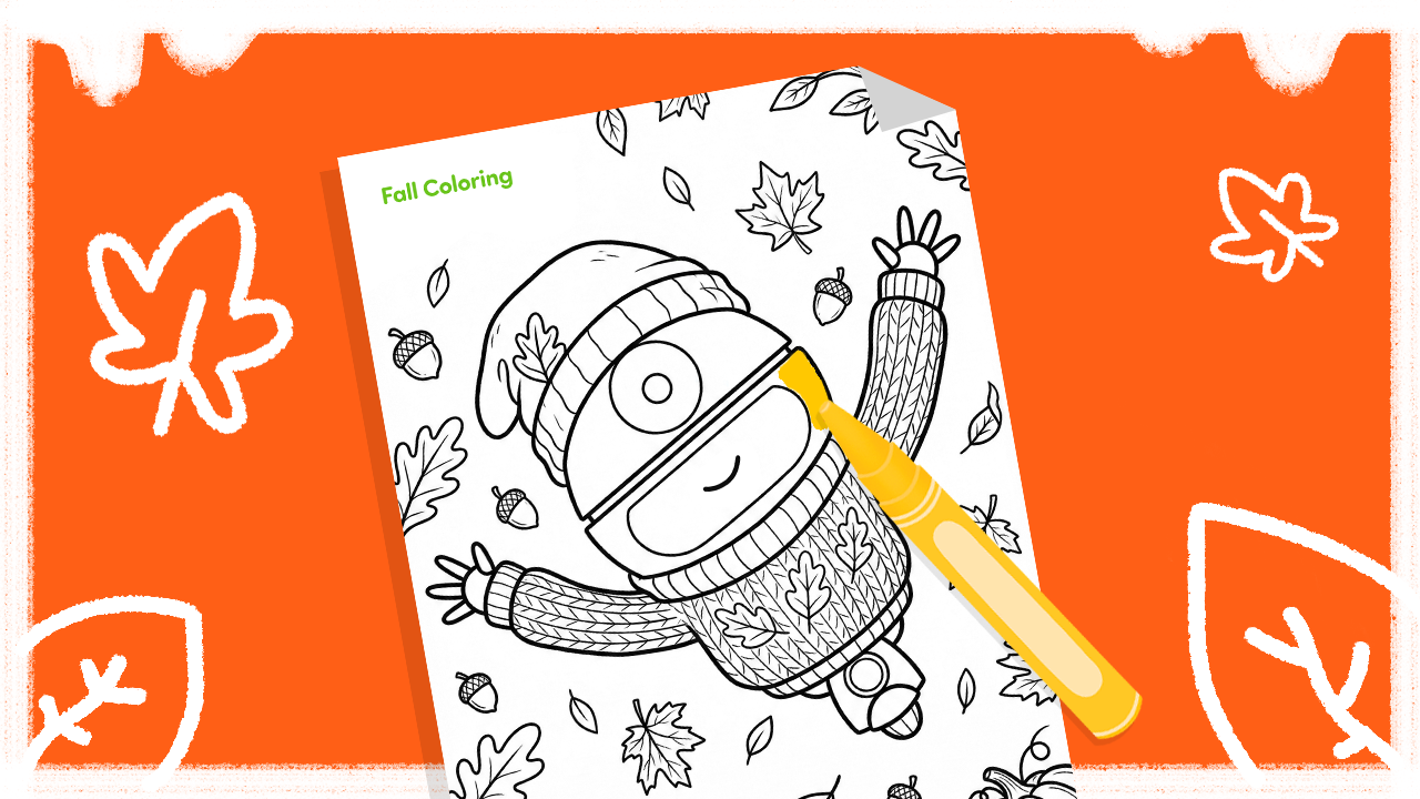 Free fall coloring page for kids showing a cute WonjoKids character in a cozy sweater scarf and hat surrounded by autumn leaves and acorns