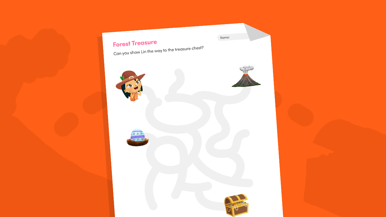 Forest treasure maze printable worksheet for preschool help Lin find the treasure chest