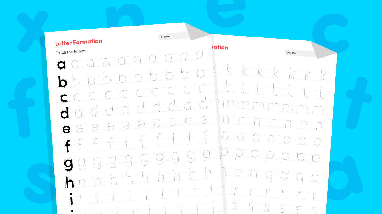 Lowercase letter formation worksheet with arrows for kindergarten showing a to z dotted tracing rows with directional stroke guides