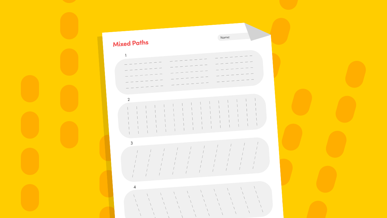 Medium mixed paths tracing worksheet for kindergarten showing numbered sections of horizontal vertical and diagonal dotted lines