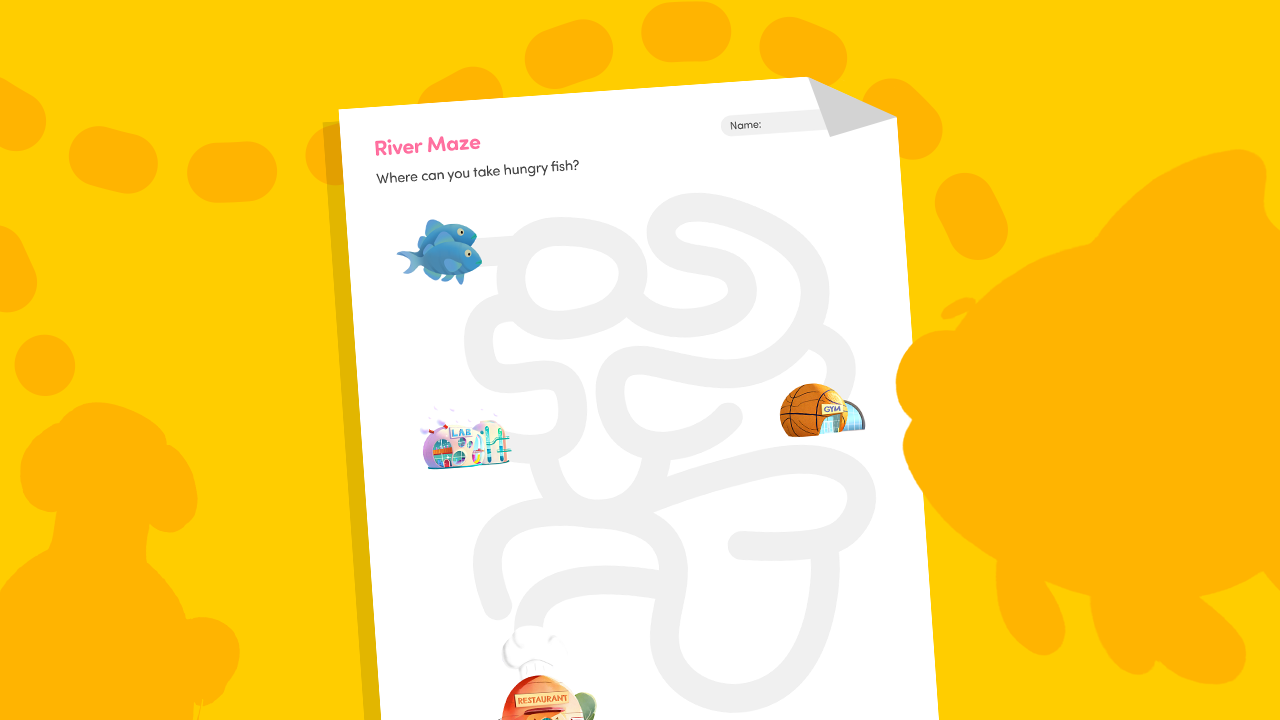 River maze printable worksheet for preschool help fish find the restaurant through a winding path