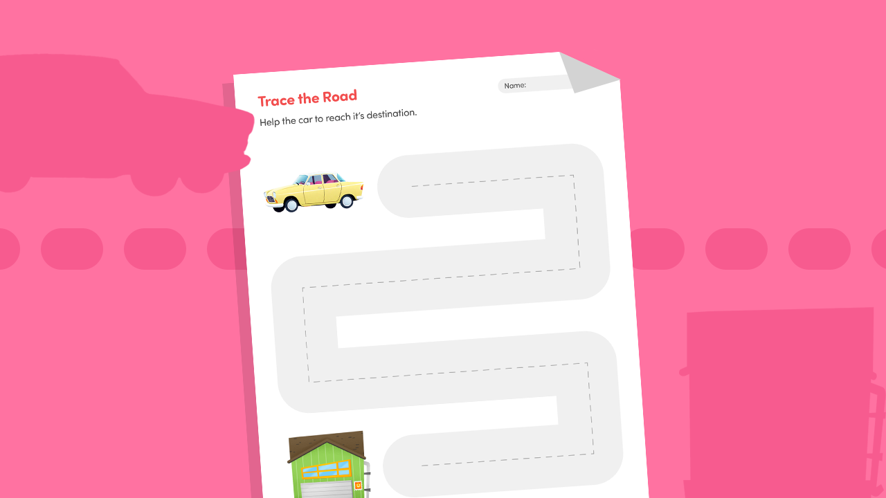 Road tracing worksheet for preschool showing a dashed winding road path for a car to follow to reach home