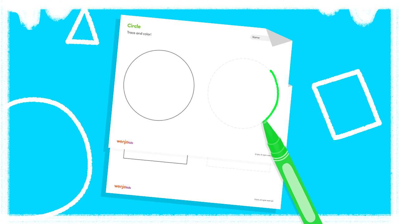 2D shapes coloring page showing a circle, square, triangle, and rectangle for kids