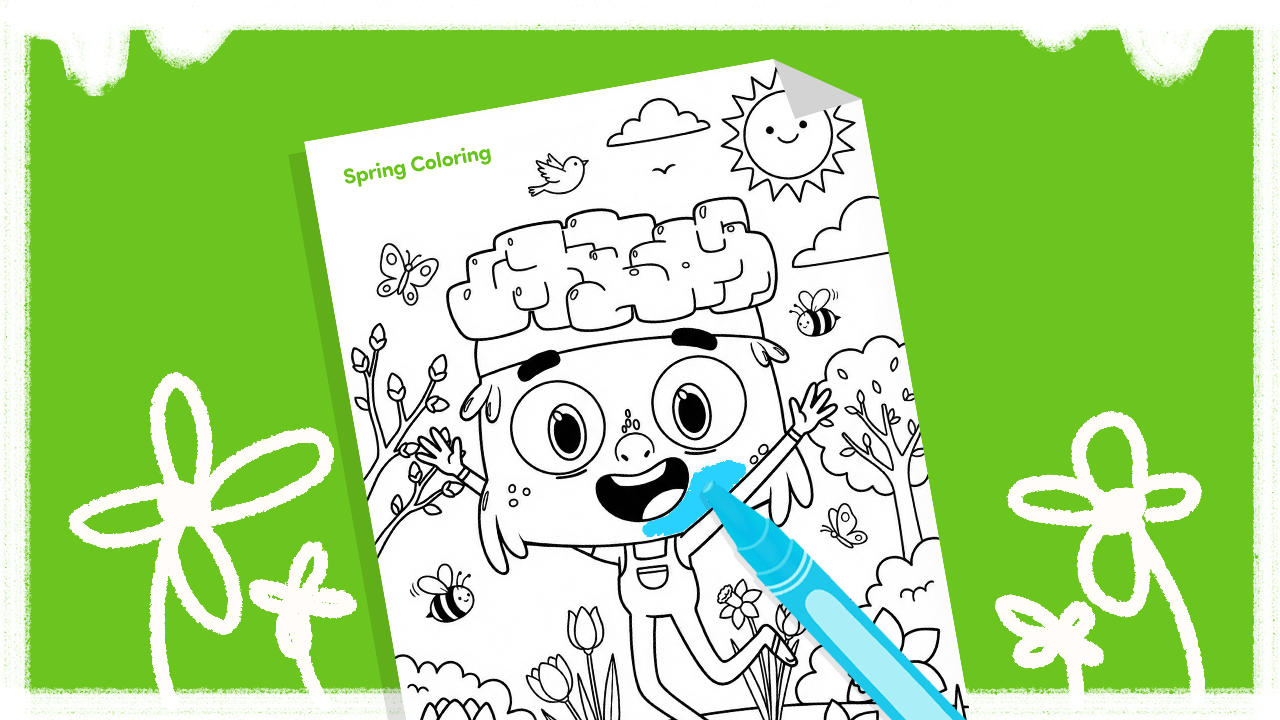 Spring coloring page featuring flowers, a butterfly, and a rainbow for kids