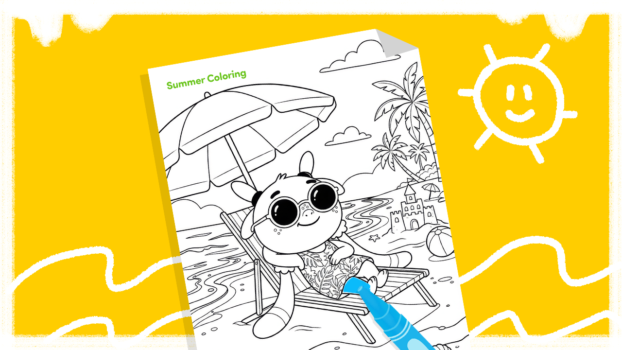 Summer coloring page featuring a beach scene with ice cream and sunflowers for kids