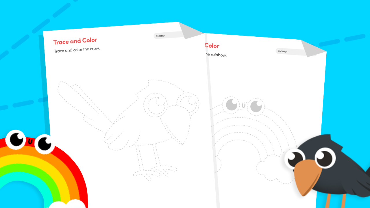 Trace and color worksheet for preschool showing dotted outline of a crow and rainbow to trace and color
