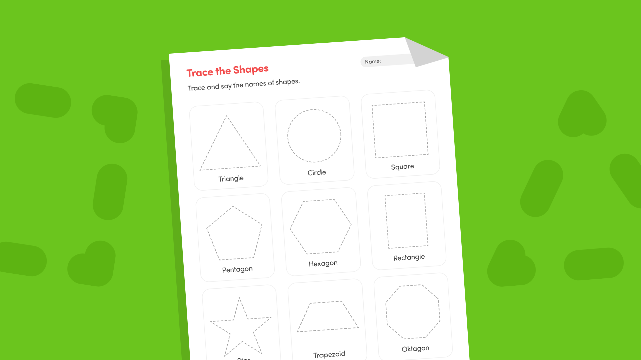 Shape tracing worksheet for preschool showing 8 dotted shape outlines triangle circle square pentagon hexagon rectangle star trapezoid