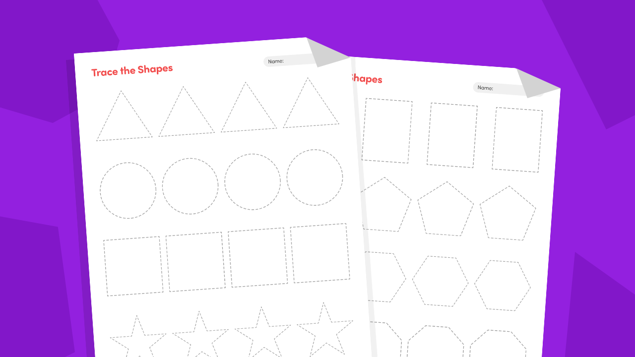 Shape tracing practice worksheet for kindergarten showing repeated rows of triangles circles rectangles stars and hexagons to trace