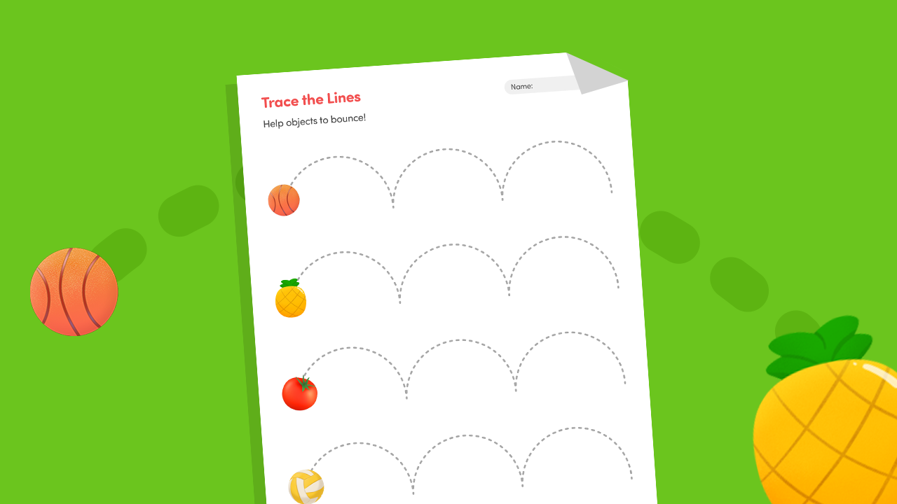 Curved line tracing worksheet for preschool showing large bouncing arc dotted paths with fruit and ball starters