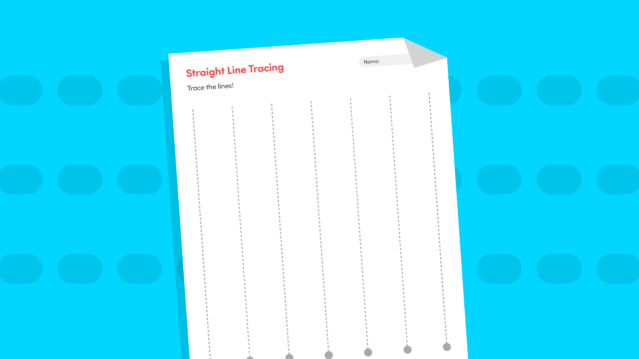 Straight line tracing worksheet for toddlers showing large vertical dotted lines to trace from top to bottom