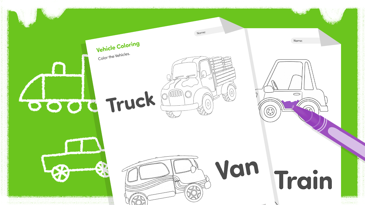 Vehicle coloring page featuring a car, truck, train, and airplane for kids