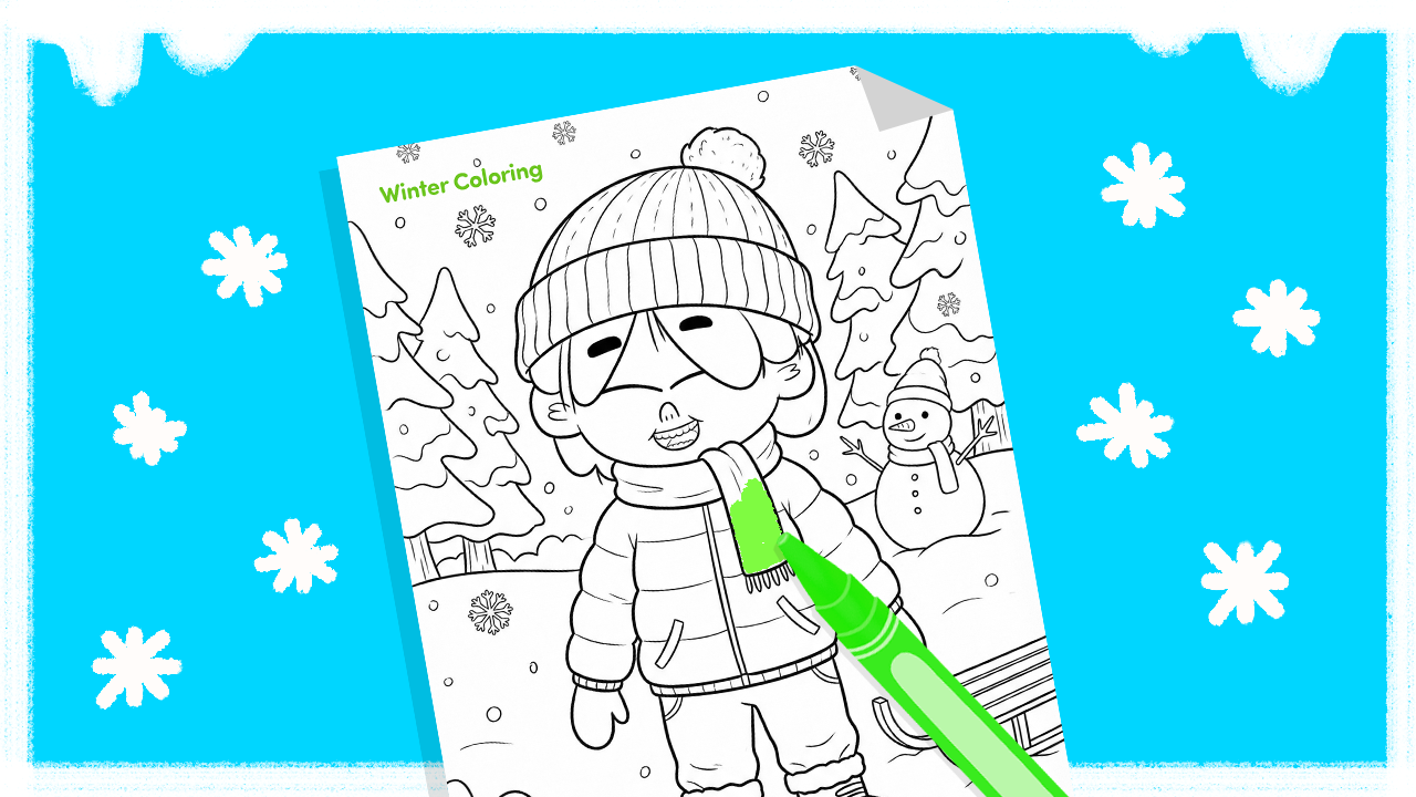 Winter coloring page featuring a snowman, snowflakes, and a polar bear for kids