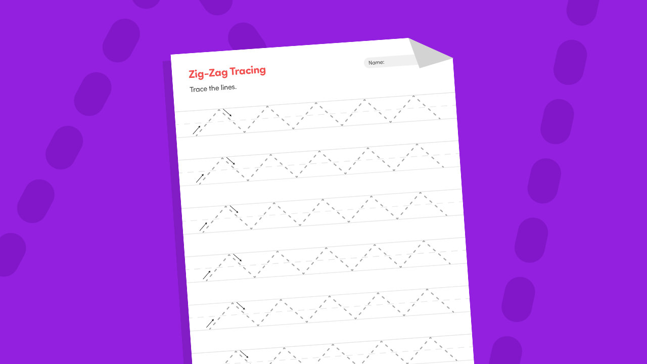 Zig-zag line tracing worksheet for preschool showing multiple rows of dotted diagonal zig-zag lines with directional arrow guides