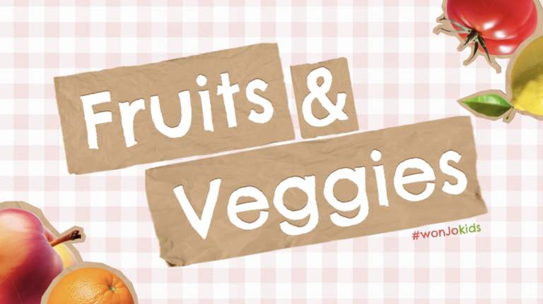 Children learning ABC letters with fruits and vegetables in an educational song