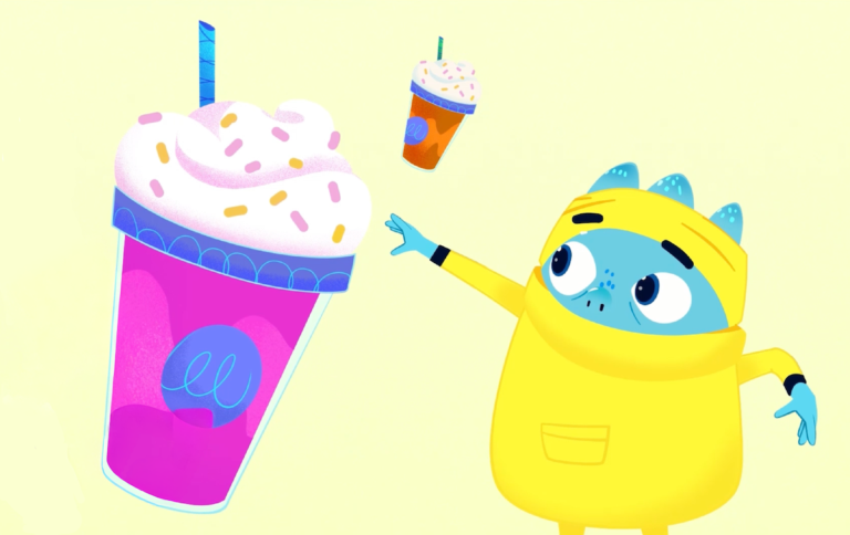 WonJo Kids cartoon character holding a milkshake in a fun comparison song for kids about more, less, and sharing