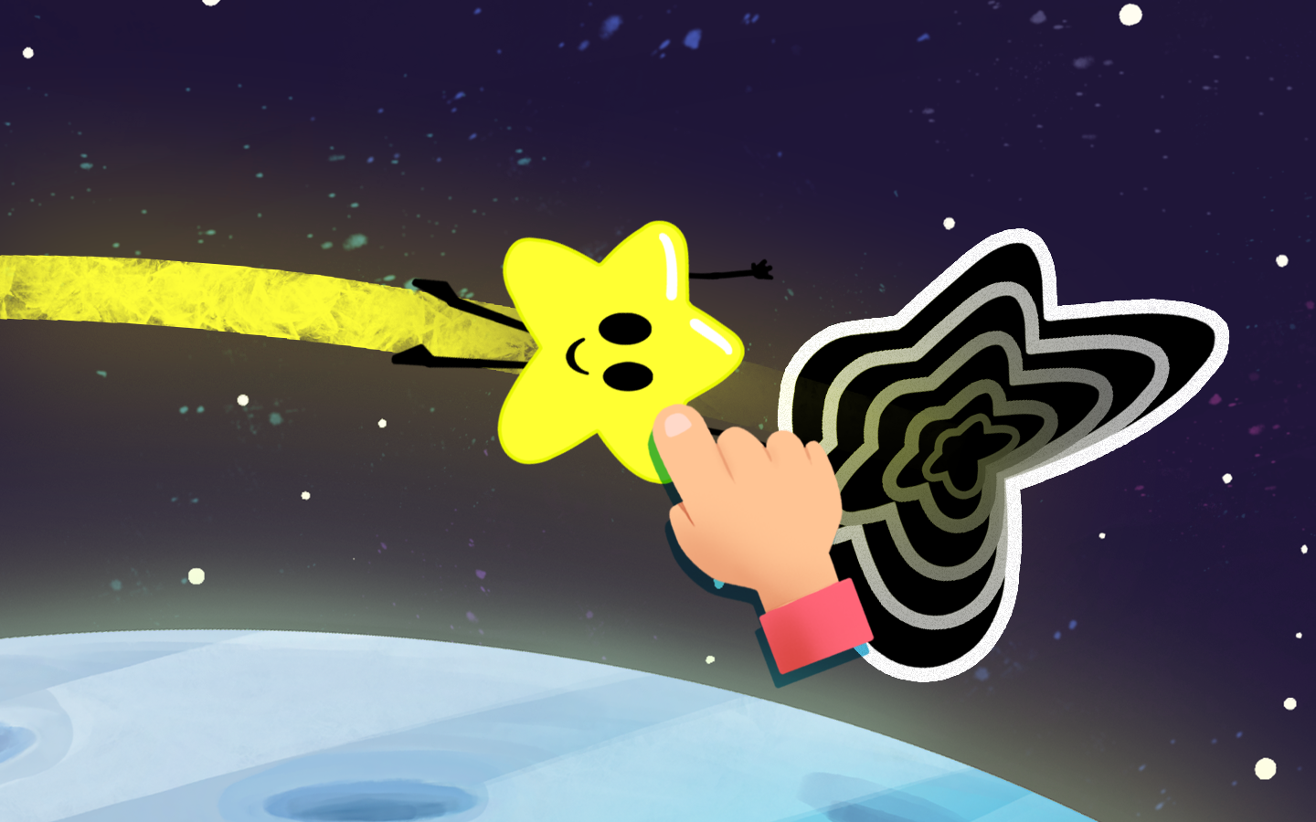 triangle character matching to the correct shape portal in a space-themed shape matching game for kids