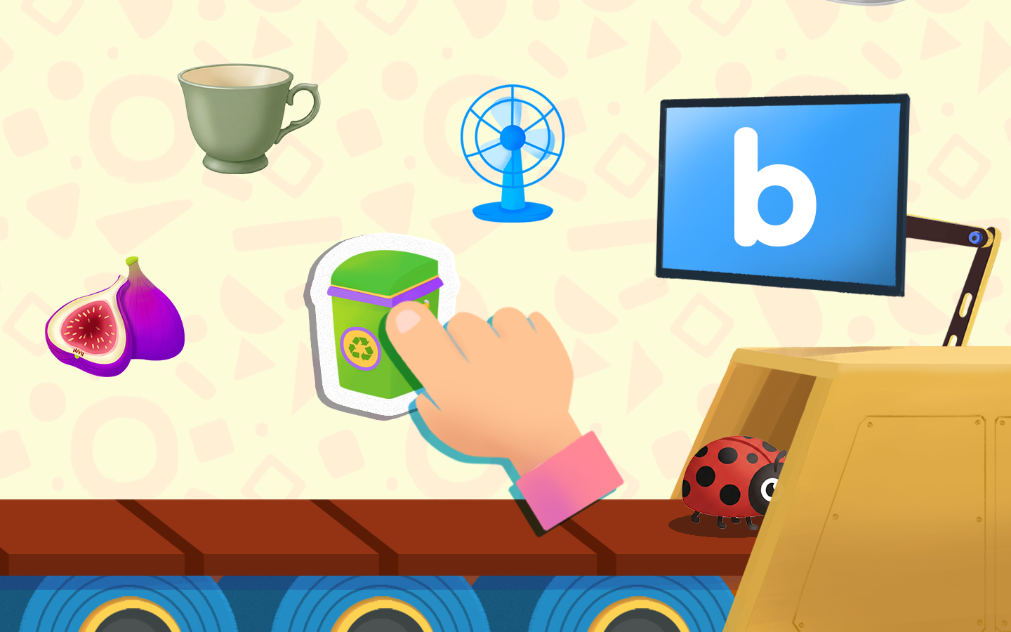 Online phonics game showing a conveyor belt with CVC objects — cat, bat, fan and more — for kids to match beginning sounds to the letter C on screen