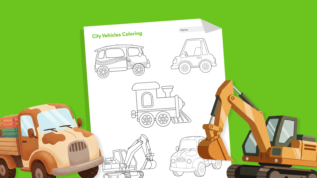 City vehicles coloring page featuring a taxi, bus, fire truck, and police car for kids