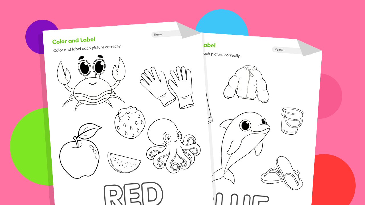 Color and label worksheet showing simple pictures with easy words like cat, sun, and tree for kids