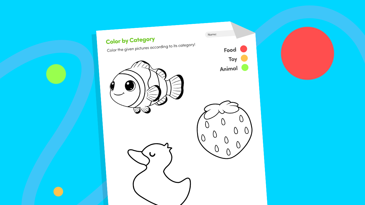 Color by category worksheet showing animals, food, and toys with a color code for preschool kids