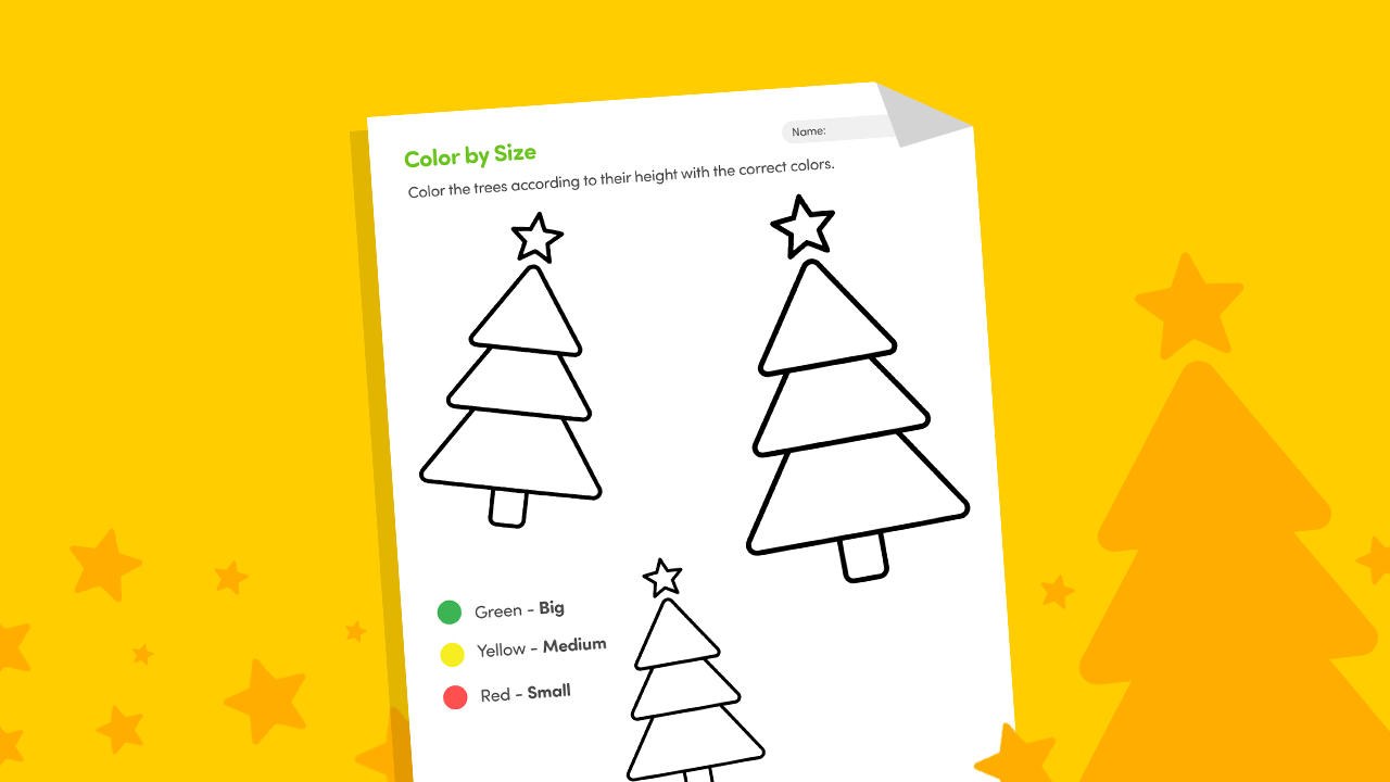 Color by size worksheet showing big and small objects with a color code for preschool and kindergarten kids