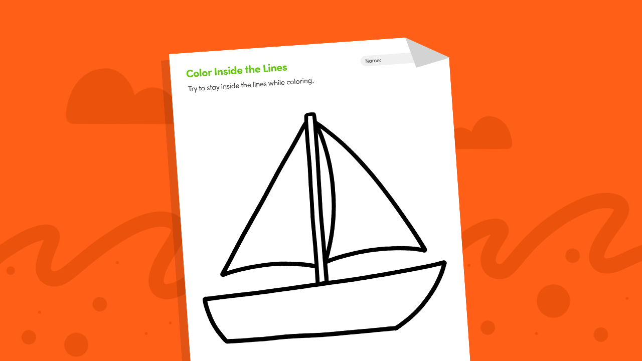 Color inside the lines practice page showing large bold outlined shapes and simple pictures for preschool kids