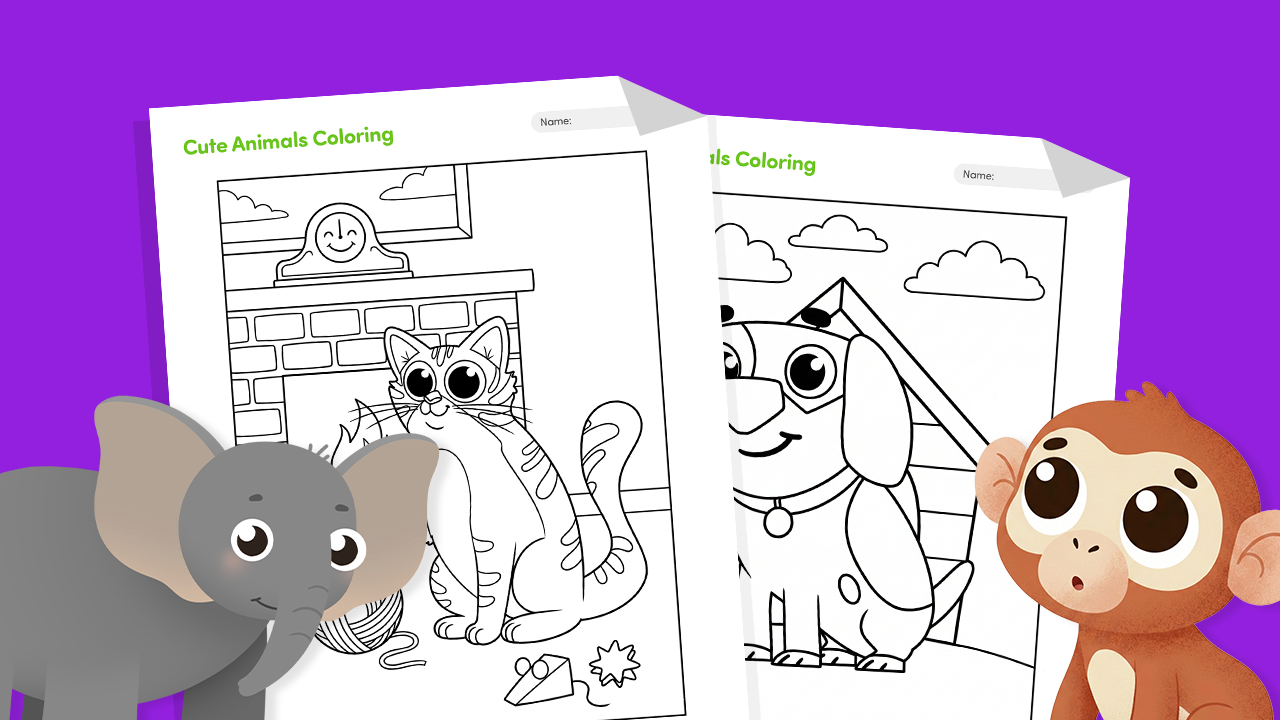 Kawaii style cute animals coloring page featuring a big-eyed cat, panda, bunny, and fox for kids