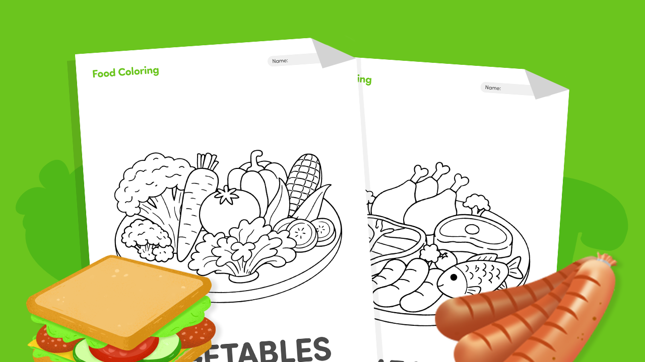 Food groups coloring page showing a healthy plate with fruits, vegetables, grains, protein, and dairy for kids