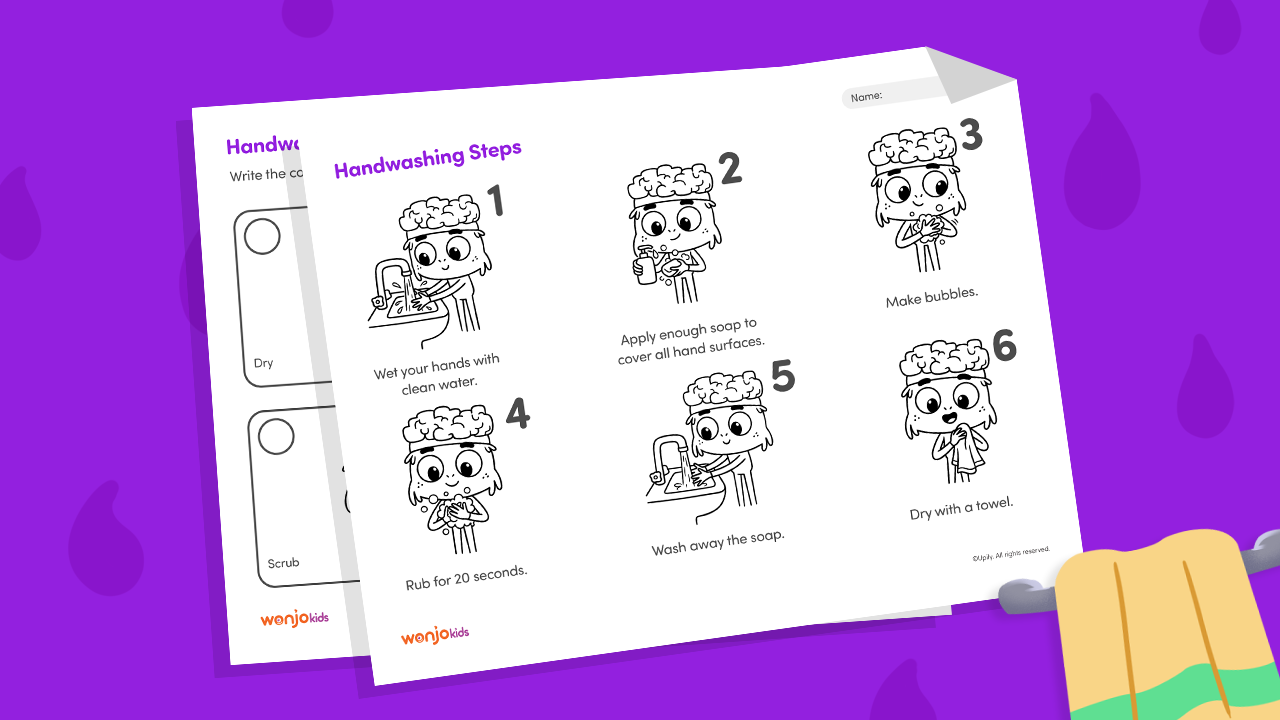 Handwashing steps 5 pictures sequence worksheet showing wet, soap, scrub, rinse, and dry steps for preschool to Grade 2 kids