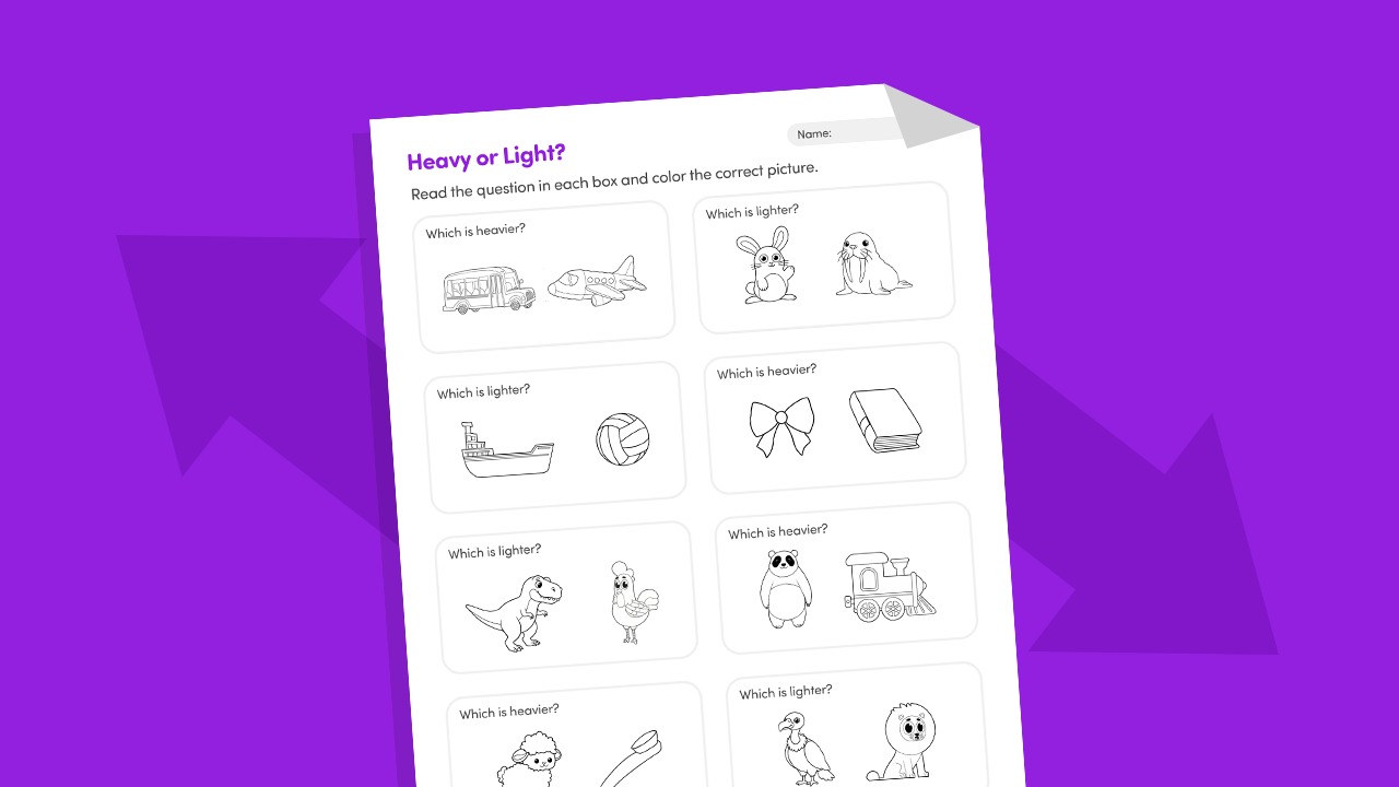 Heavy or light compare objects worksheet showing pairs of items like a feather and rock for preschool to Grade 1 kids