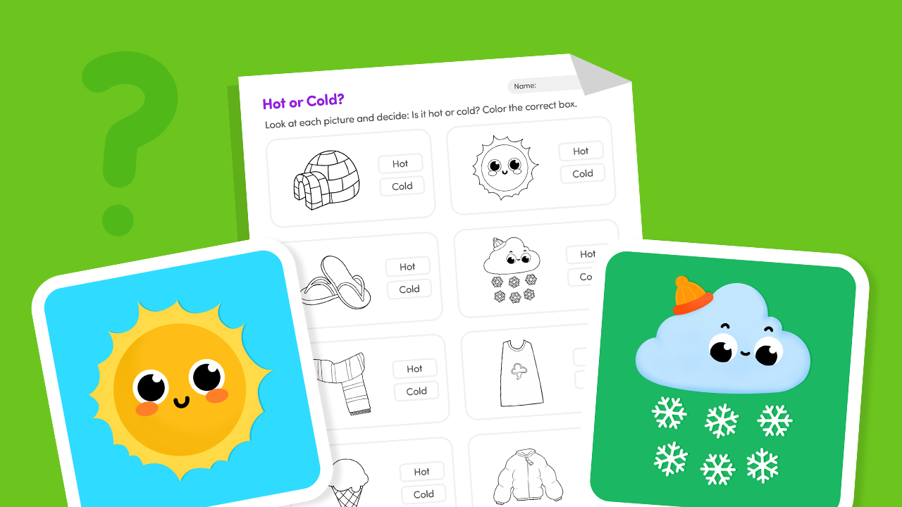 Hot or cold sort objects worksheet showing pictures of a hot cocoa, ice cream, fire, and snowflake for preschool to Grade 1 kids