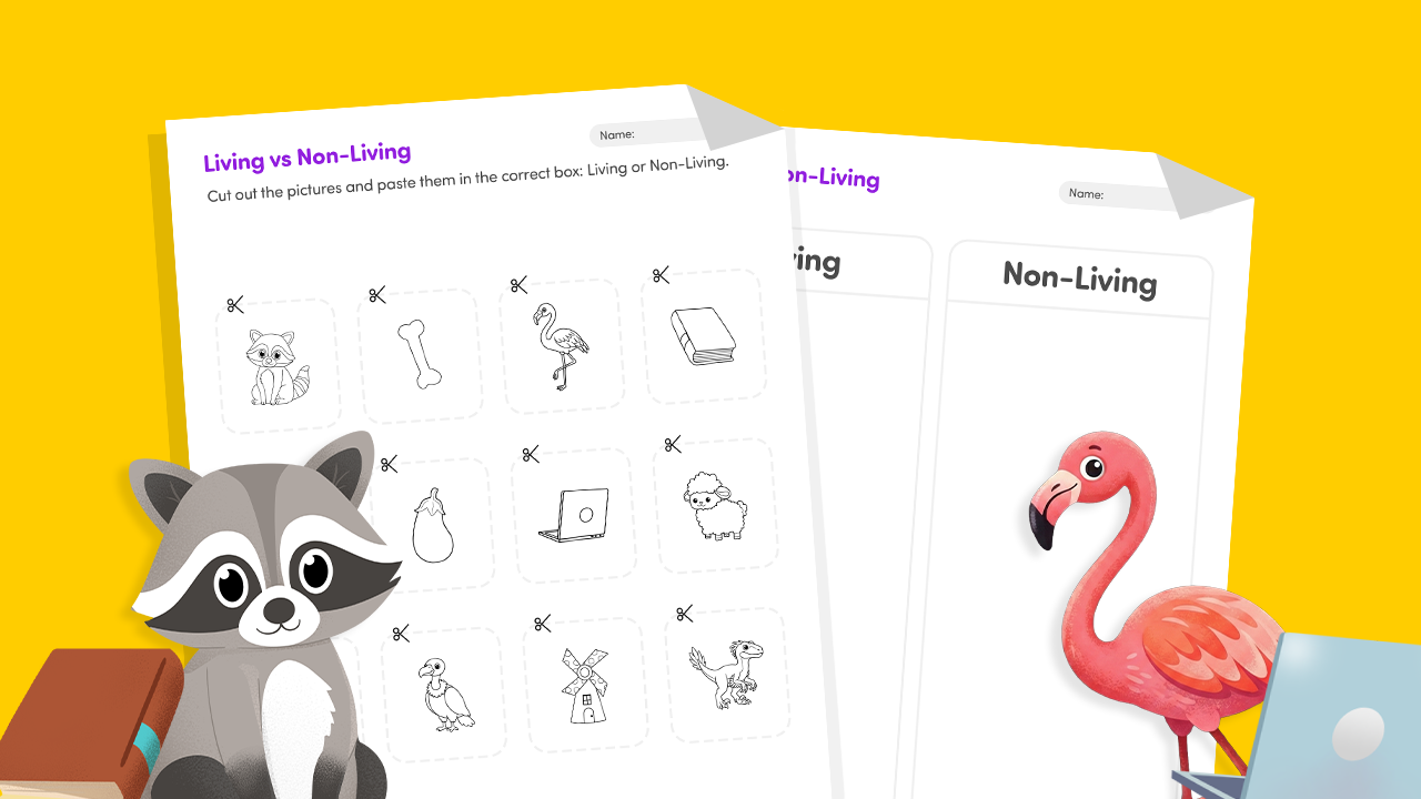 Living vs nonliving sort pictures worksheet showing animals, plants, rocks, and objects for kindergarten to Grade 2 kids