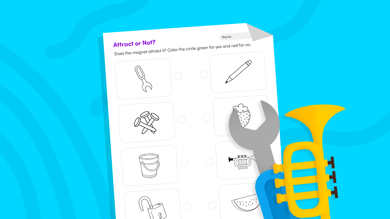 Magnet attract or not picture sort worksheet showing everyday objects to classify as magnetic or non-magnetic for Grade 1 to Grade 3 kids