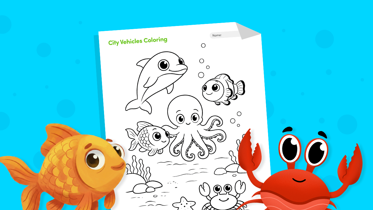 Ocean coloring page for kids featuring colorful fish, a dolphin, octopus, and coral reef underwater