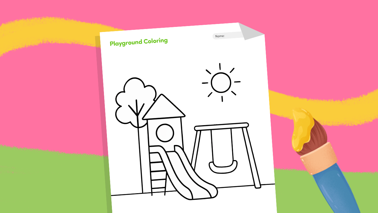 Park playground coloring page featuring swings, a slide, seesaw, and children playing outdoors for kids