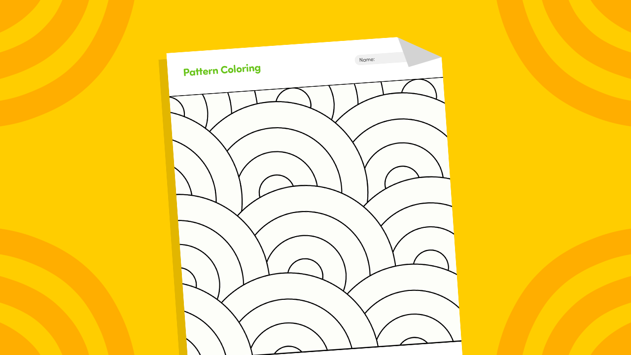 Pattern coloring worksheet showing repeating shapes and lines for kindergarten to Grade 2 kids