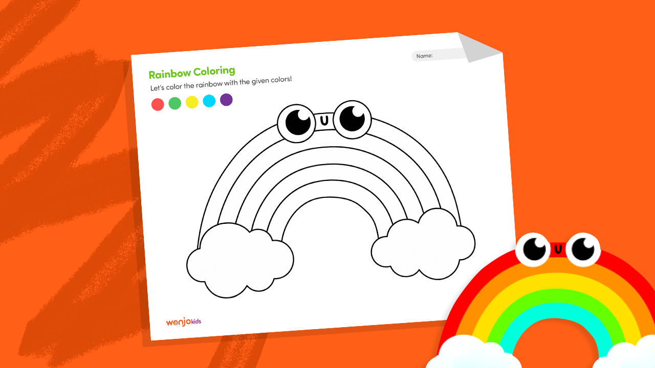 Rainbow coloring page featuring a colorful arc with fluffy clouds and sunshine for preschool kids