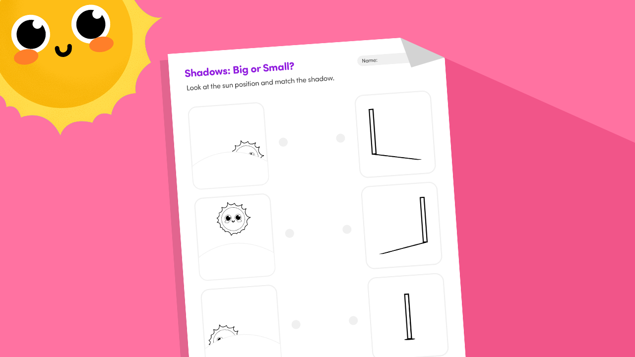 Shadows big or small worksheet showing sun position pictures to determine shadow size for Grade 1 to Grade 3 kids