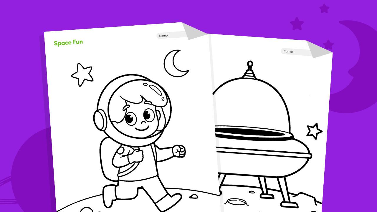Space fun coloring page featuring a rocket, planets, stars, moon, and astronaut for kids