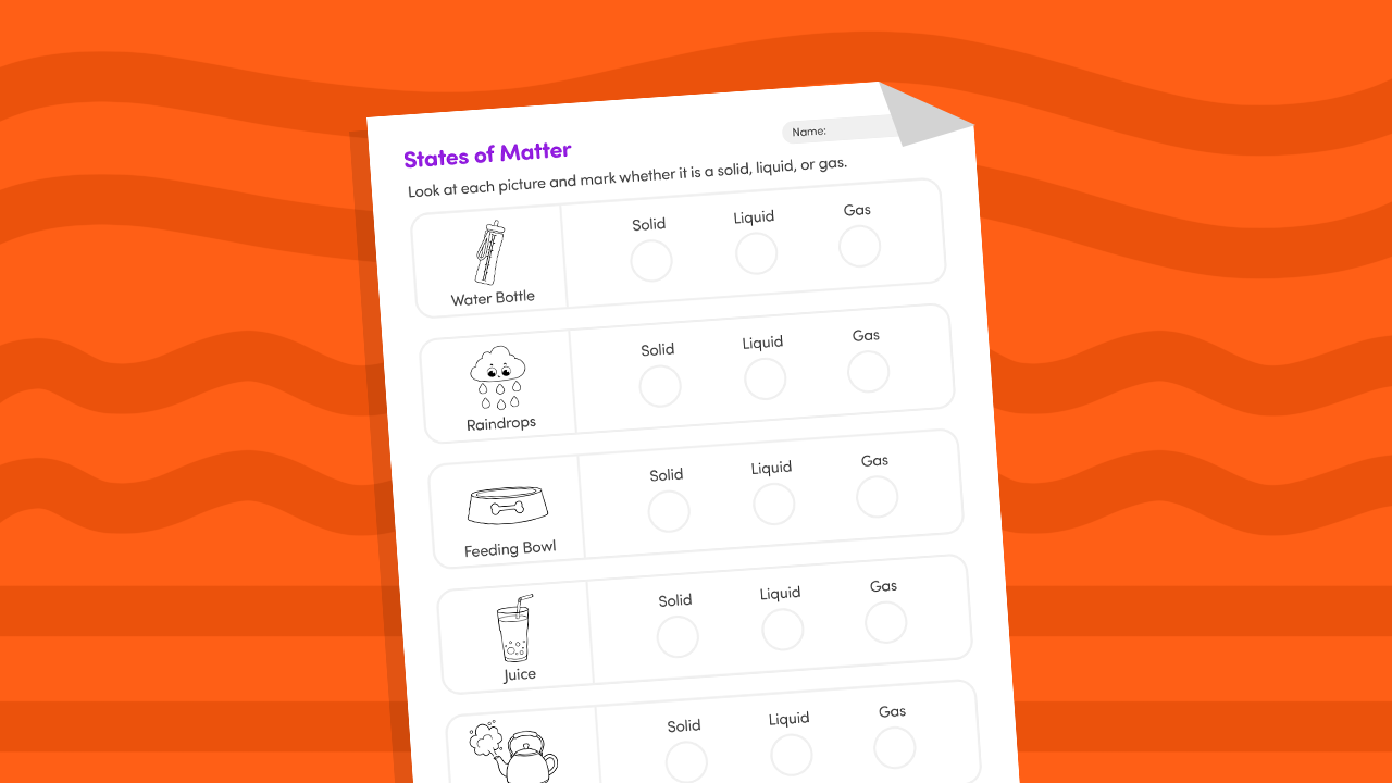 States of matter solid liquid gas sort worksheet showing pictures of ice, water, and steam for Grade 1 to Grade 3 kids