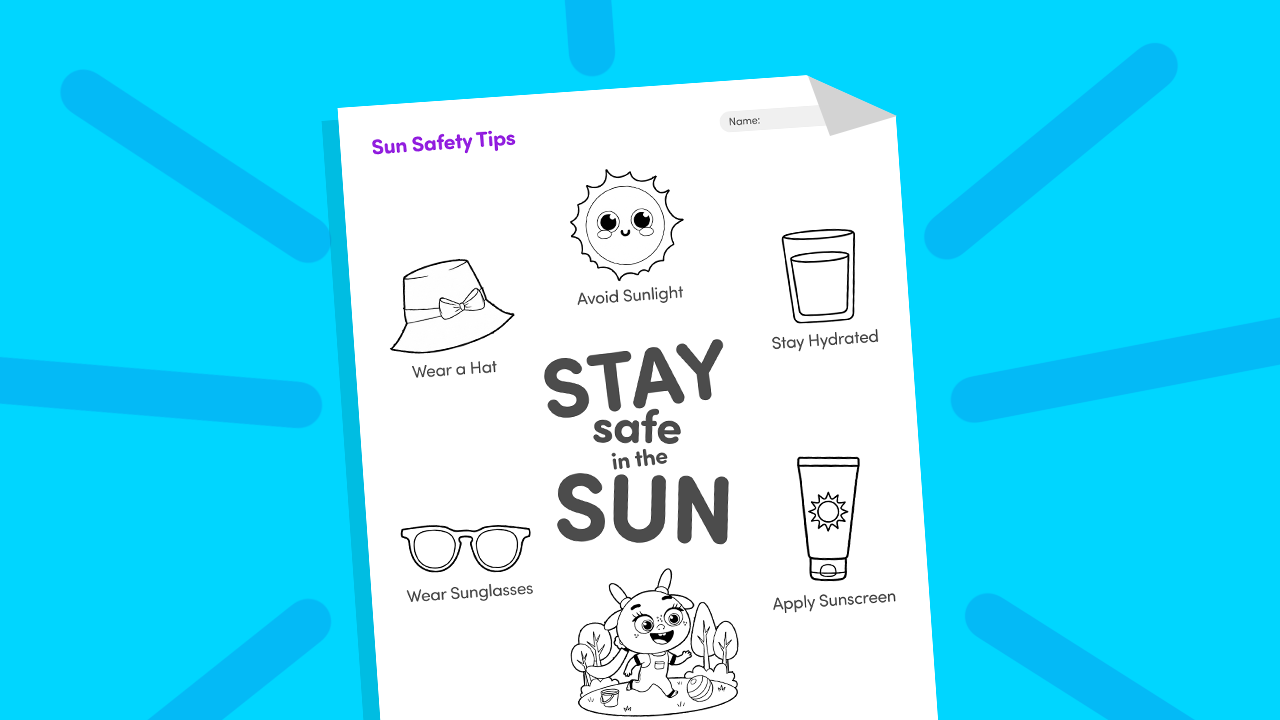 Sun safety worksheet showing shade, hat, and sunscreen illustrations for preschool to Grade 2 kids