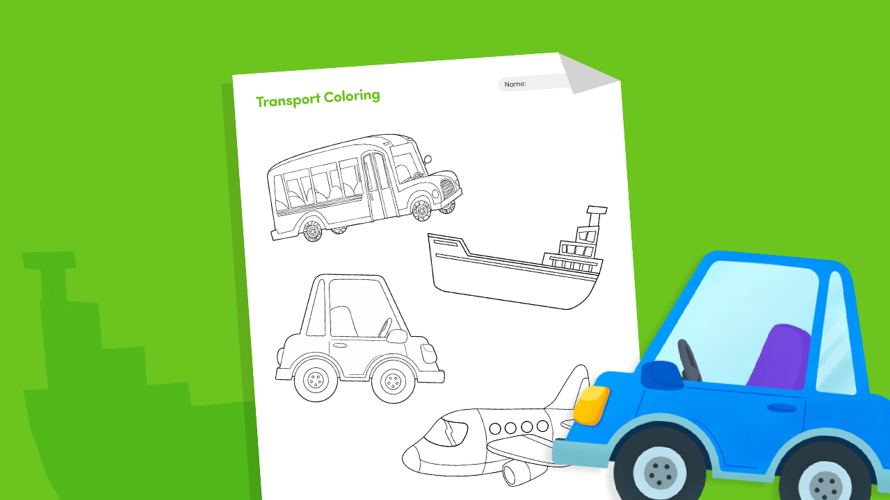 Transport coloring page featuring air, land, and water vehicles including a plane, train, and boat for kids